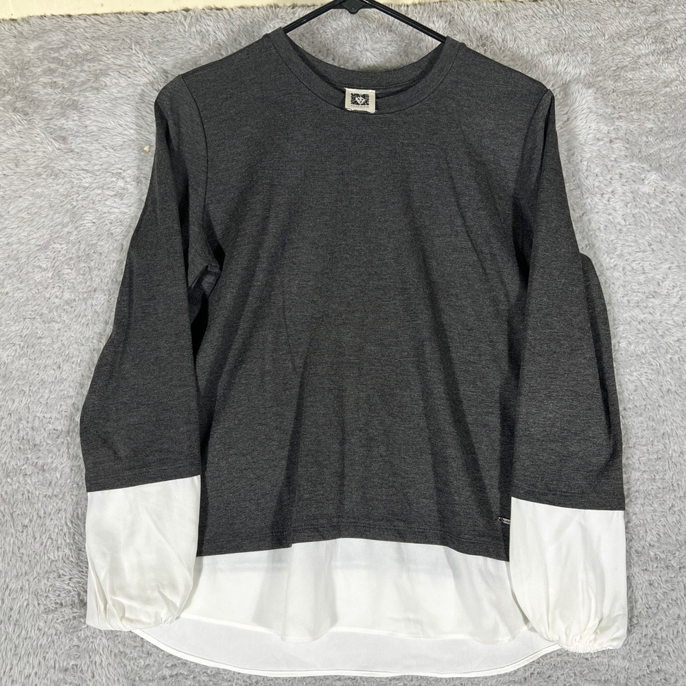 Anne Klein Layered Hem Top Womens L Gray White Long Sleeve Crew Neck Mixed Media